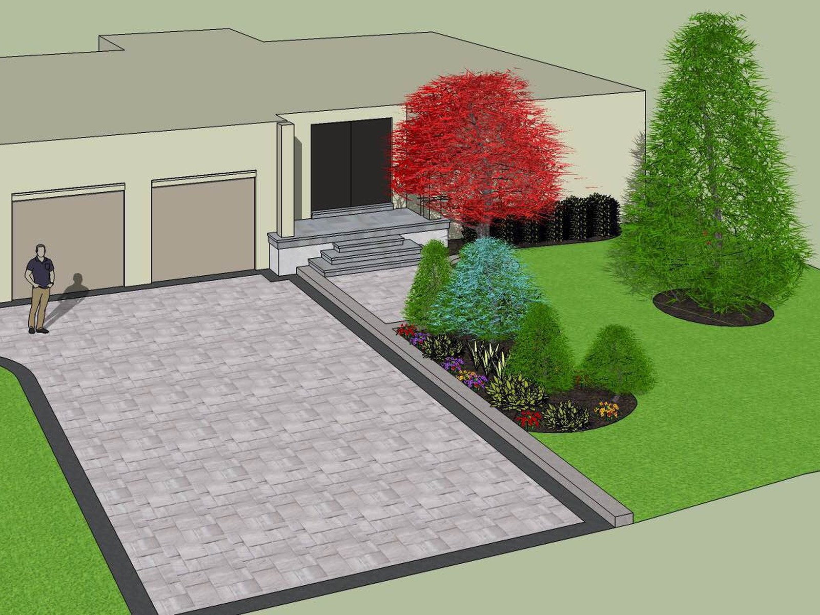 3D design plan for an interlocking driveway and backyard